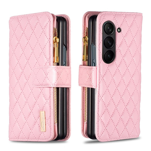 Samsung Galaxy Z Fold5 Diamond Lattice Zipper Wallet Leather Flip Phone Case - Pink