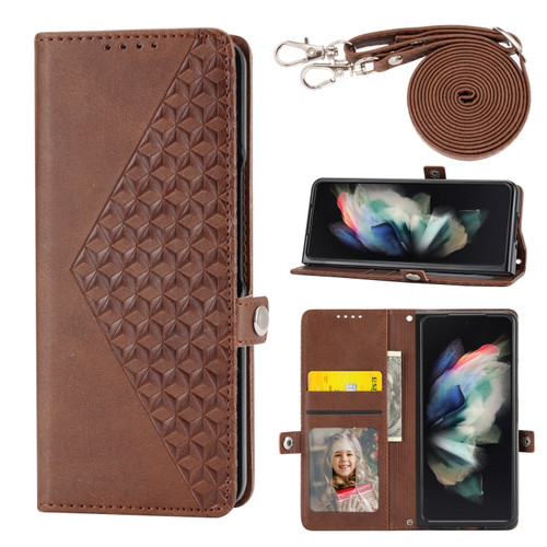 Samsung Galaxy Z Fold5 Cubic Grid Calf Texture Magnetic Leather Phone Case - Brown