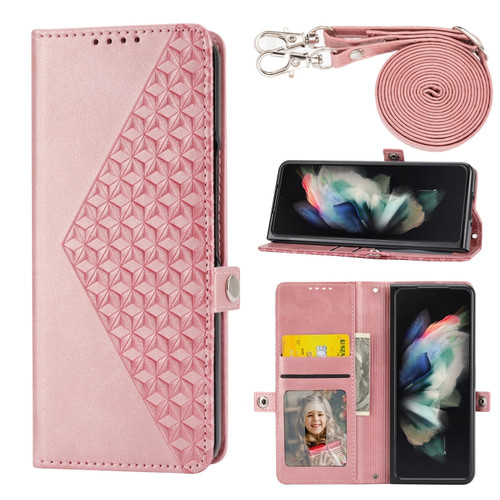 Samsung Galaxy Z Fold5 Cubic Grid Calf Texture Magnetic Leather Phone Case - Rose Gold