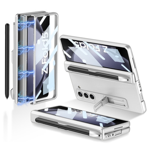 Samsung Galaxy Z Fold5 GKK Full Coverage Magnetic Fold Hinge Phone Case with Pen Slots - Silver