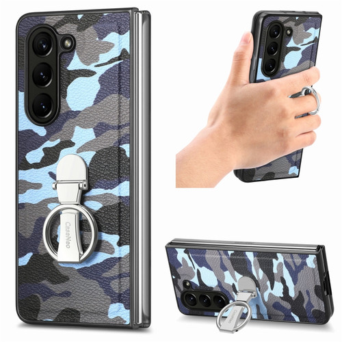 Samsung  Galaxy Z Fold5 5G Camouflage Ring Holder PC Phone Case - Blue