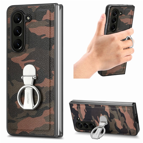Samsung  Galaxy Z Fold5 5G Camouflage Ring Holder PC Phone Case - Black and brown