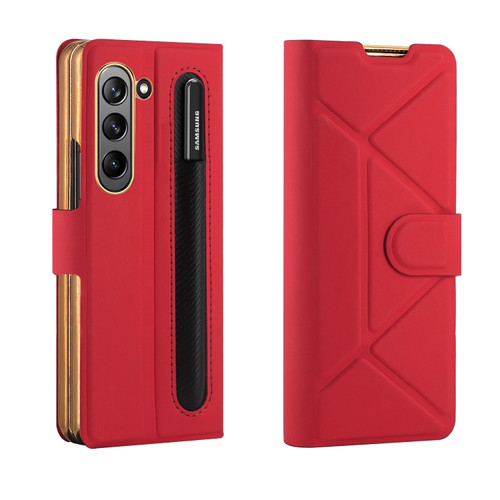 Samsung Galaxy Z Fold5 Shockproof Folding Phone Leather Case with Pen Slot & Holder - Red