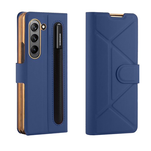 Samsung Galaxy Z Fold5 Shockproof Folding Phone Leather Case with Pen Slot & Holder - Blue