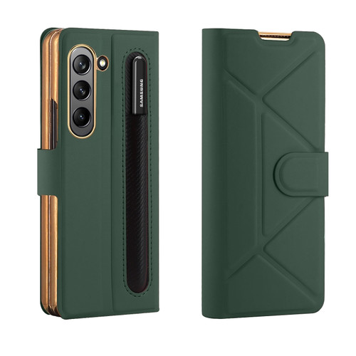 Samsung Galaxy Z Fold5 Shockproof Folding Phone Leather Case with Pen Slot & Holder - Green