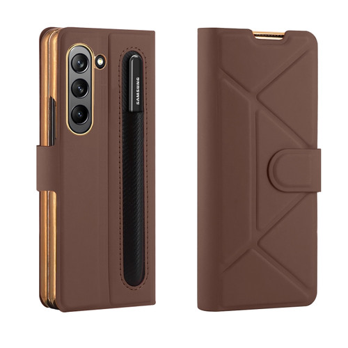 Samsung Galaxy Z Fold5 Shockproof Folding Phone Leather Case with Pen Slot & Holder - Brown