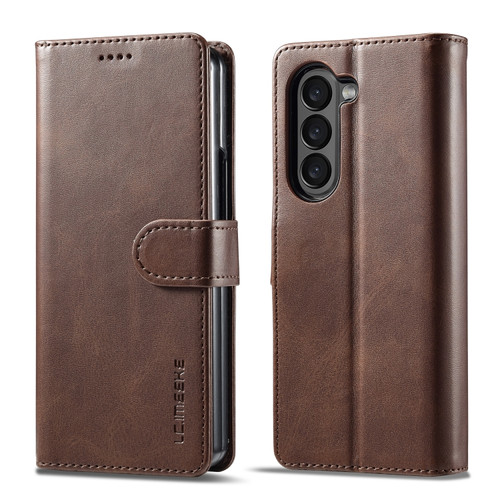 Samsung Galaxy Z Fold5 5G LC.IMEEKE Calf Texture Leather Phone Case - Coffee