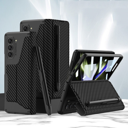Samsung Galaxy Z Fold5 GKK Armor Flip Leather Phone Case with Pen Slots - Carbon Fiber Texture