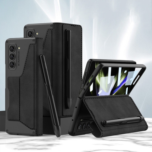 Samsung Galaxy Z Fold5 GKK Armor Flip Leather Phone Case with Pen Slots - Black