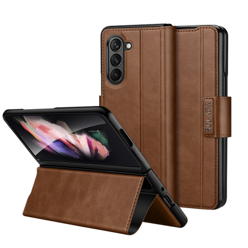 Samsung Galaxy Z Fold5 SULADA All-inclusive Magnetic Snap Flip Leather Phone Case - Brown