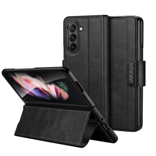 Samsung Galaxy Z Fold5 SULADA All-inclusive Magnetic Snap Flip Leather Phone Case - Black