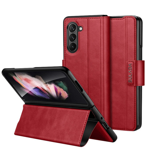 Samsung Galaxy Z Fold5 SULADA All-inclusive Magnetic Snap Flip Leather Phone Case - Red