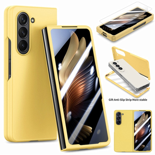 Samsung Galaxy Z Fold5 JUNSUNMAY 9H Tempered Glass Protector Folding PC Phone Case - Yellow