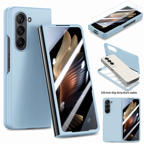 Samsung Galaxy Z Fold5 JUNSUNMAY 9H Tempered Glass Protector Folding PC Phone Case - Light Blue