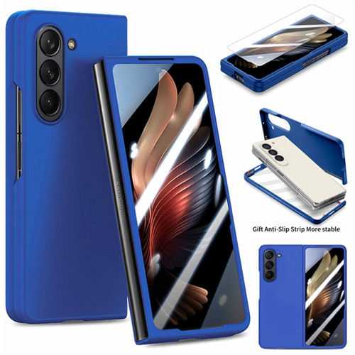 Samsung Galaxy Z Fold5 JUNSUNMAY 9H Tempered Glass Protector Folding PC Phone Case - Navy Blue