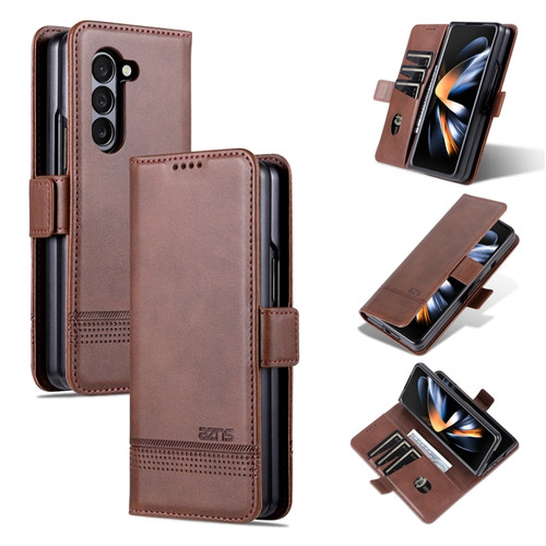 Samsung Galaxy Z Fold5 5G AZNS Magnetic Calf Texture Flip Leather Phone Case - Dark Brown
