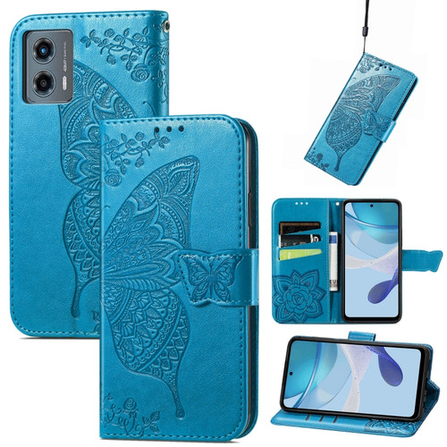 Moto G 5G 2023 Butterfly Love Flower Embossed Leather Phone Case - Blue