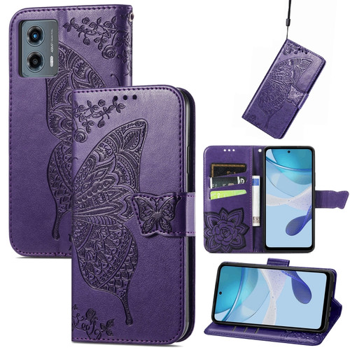 Moto G 5G 2023 Butterfly Love Flower Embossed Leather Phone Case - Dark Purple