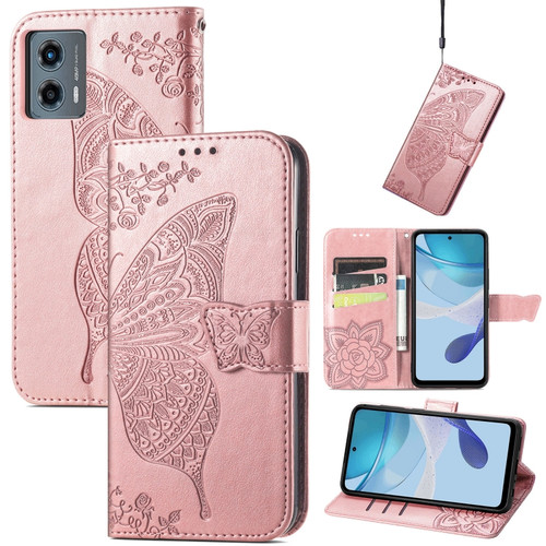Moto G 5G 2023 Butterfly Love Flower Embossed Leather Phone Case - Rose Gold