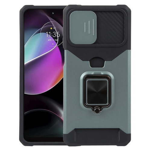 Moto G 5G 2023 Camera Shield Card Slot Phone Case with Ring Holder - Dark Green