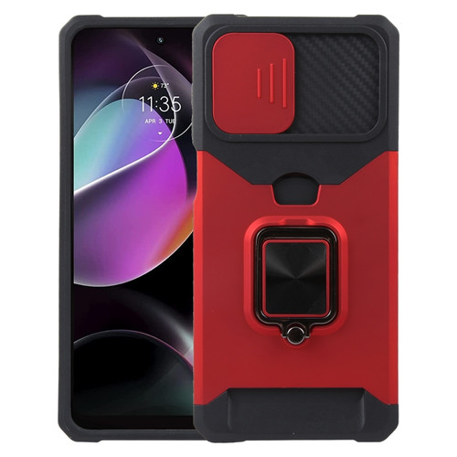 Moto G 5G 2023 Camera Shield Card Slot Phone Case with Ring Holder - Red