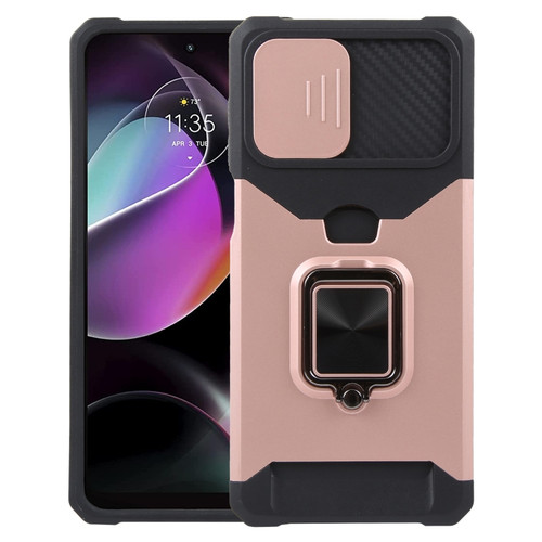 Moto G 5G 2023 Camera Shield Card Slot Phone Case with Ring Holder - Rose Gold