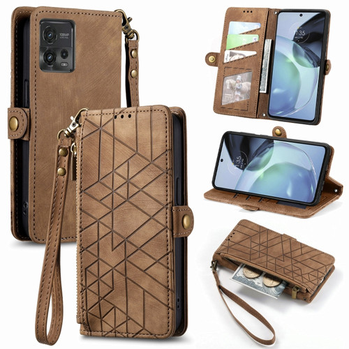 Moto G 5G 2023 Geometric Zipper Wallet Side Buckle Leather Phone Case - Brown