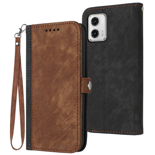 Moto G 5G 2023 Side Buckle Double Fold Hand Strap Leather Phone Case - Brown