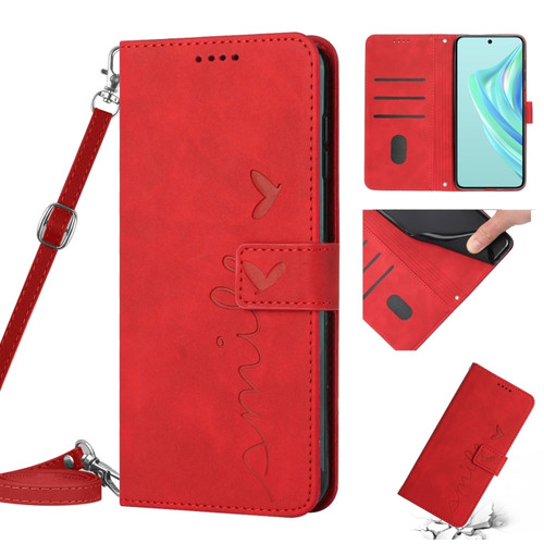 Moto G 5G 2023 Skin Feel Heart Pattern Leather Phone Case with Lanyard - Red