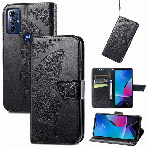 Moto G Play 2023 Butterfly Love Flower Embossed Flip Leather Phone Case - Black