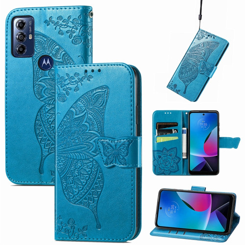 Moto G Play 2023 Butterfly Love Flower Embossed Flip Leather Phone Case - Blue