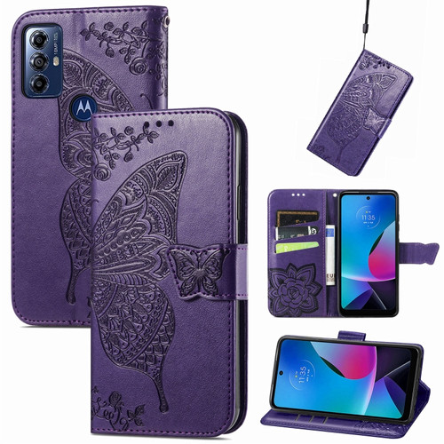 Moto G Play 2023 Butterfly Love Flower Embossed Flip Leather Phone Case - Dark Purple