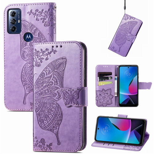 Moto G Play 2023 Butterfly Love Flower Embossed Flip Leather Phone Case - Light Purple