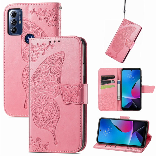 Moto G Play 2023 Butterfly Love Flower Embossed Flip Leather Phone Case - Pink