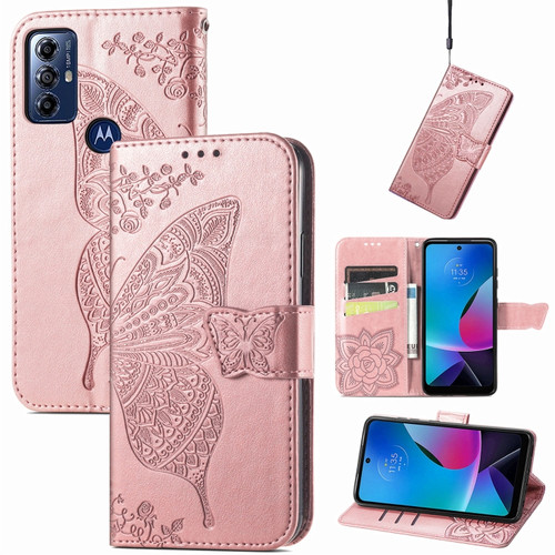 Moto G Play 2023 Butterfly Love Flower Embossed Flip Leather Phone Case - Rose Gold