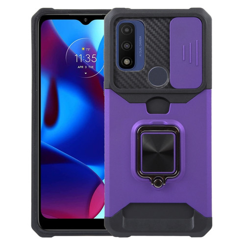 Moto G Play 2023 Camera Shield Card Slot Phone Case with Ring Holder - Purple