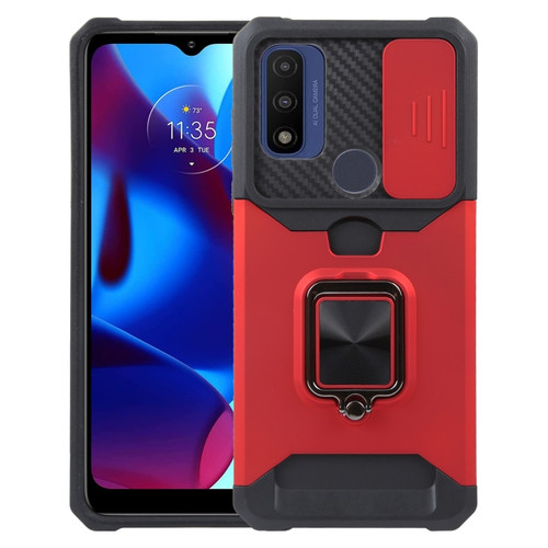 Moto G Play 2023 Camera Shield Card Slot Phone Case with Ring Holder - Red