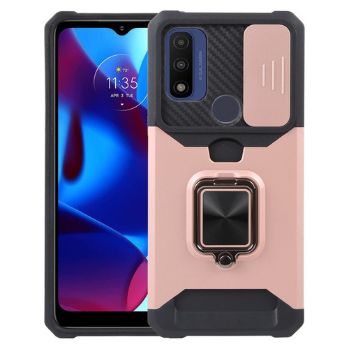 Moto G Play 2023 Camera Shield Card Slot Phone Case with Ring Holder - Rose Gold