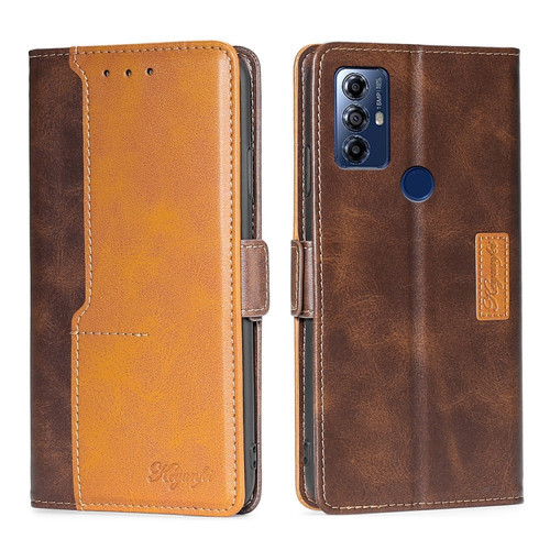 Moto G Play 2023 Contrast Color Side Buckle Leather Phone Case - Dark Brown + Gold