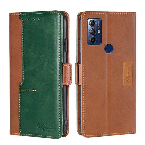 Moto G Play 2023 Contrast Color Side Buckle Leather Phone Case - Light Brown + Green