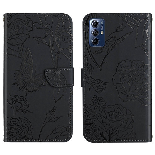 Moto G Play 2023 HT03 Skin Feel Butterfly Embossed Flip Leather Phone Case - Black