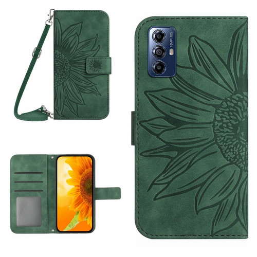 Moto G Play 2023 HT04 Skin Feel Sun Flower Embossed Flip Leather Phone Case with Lanyard - Green