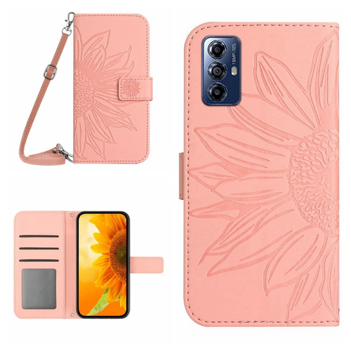 Moto G Play 2023 HT04 Skin Feel Sun Flower Embossed Flip Leather Phone Case with Lanyard - Pink