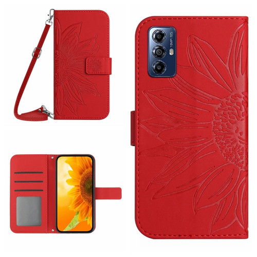 Moto G Play 2023 HT04 Skin Feel Sun Flower Embossed Flip Leather Phone Case with Lanyard - Red