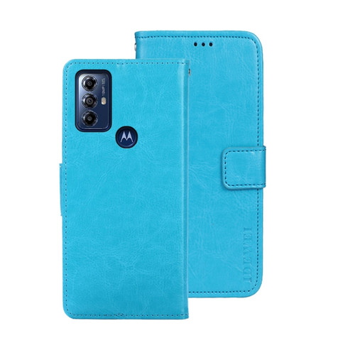 Moto G Play 2023 idewei Crazy Horse Texture Leather Phone Case with Holder - Sky Blue