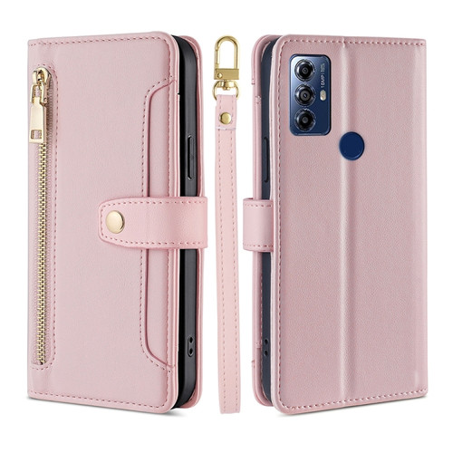 Moto G Play 2023 Sheep Texture Cross-body Zipper Wallet Leather Phone Case - Pink