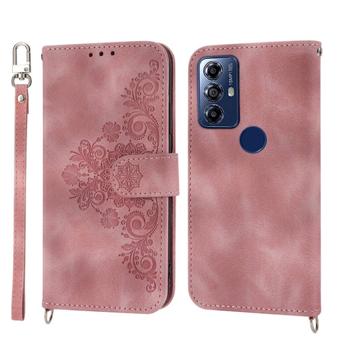 Moto G Play 2023 Skin-feel Flowers Embossed Wallet Leather Phone Case - Pink