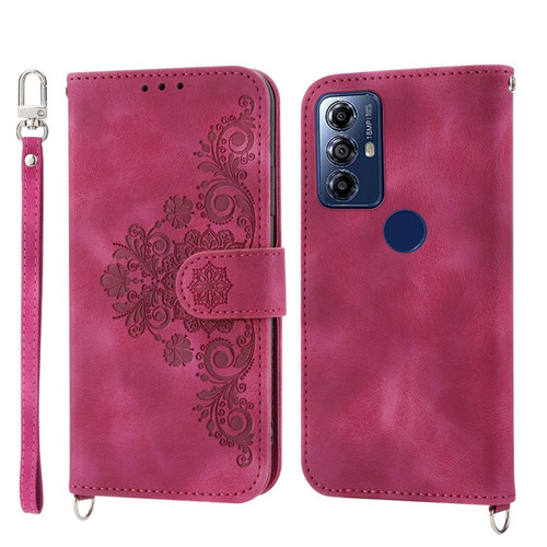 Moto G Play 2023 Skin-feel Flowers Embossed Wallet Leather Phone Case - Wine Red