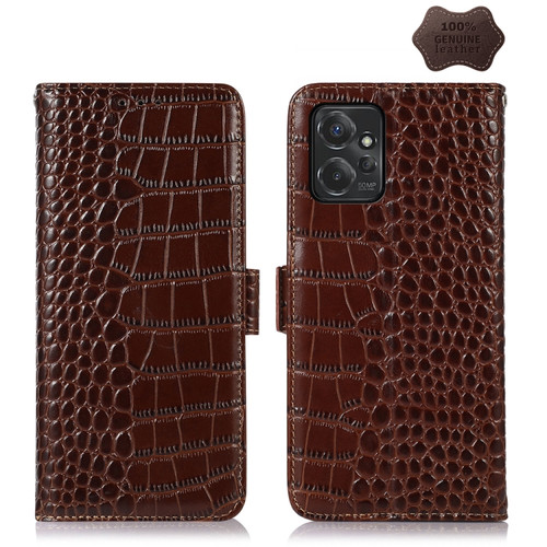 Moto G Power 2023 Crocodile Top Layer Cowhide Leather Phone Case - Brown