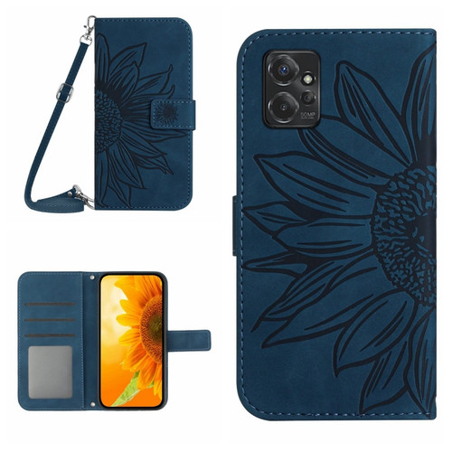 Moto G Power 2023 HT04 Skin Feel Sun Flower Embossed Flip Leather Phone Case with Lanyard - Inky Blue